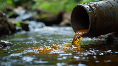 A close-up of oily water streaming from a pipe into a river, with visible pollutants, capturing the direct release of contaminants into nature.の素材