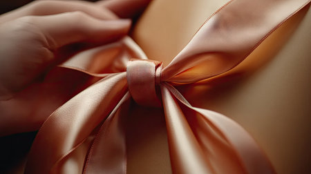 A close-up of a satin ribbon being pulled through the loop of a gift wrap, highlighting the smoothness and shine of the material against the paper.の素材