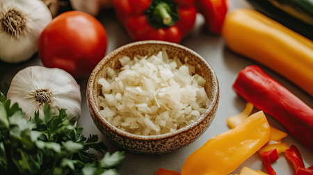 A close-up of finely chopped raw onions in a small ceramic bowl, placed beside various colorful vegetables on a kitchen counter.の素材