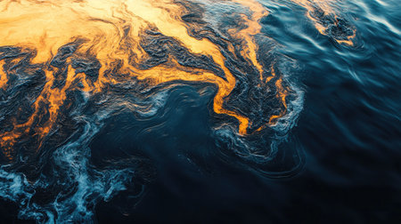 A close-up of oil spills mixing with seawater, creating swirling patterns of dark oil and light water, highlighting the stark contrast.の素材