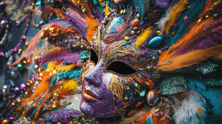 A close-up of a vibrant Mardi Gras mask adorned with sequins and feathers, set against a backdrop of colorful beads and festive decorations, capturing the spirit of celebration.の素材