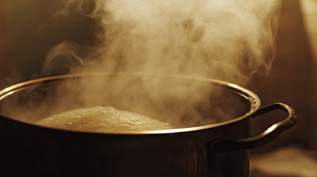 A close-up of a boiling pot with the lid partially open, allowing steam to escape, creating a hazy and cozy cooking scene.の素材