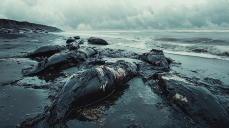 A coastal scene with dead marine animals washed ashore, their bodies covered in oil, highlighting the lethal effects of oil spills on wildlife.の素材