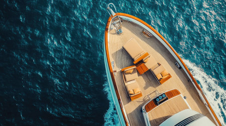 A close-up aerial view of a yacht's deck, with luxurious seating and sun loungers, emphasizing the comfort and elegance of life aboard on a sunny day.の素材
