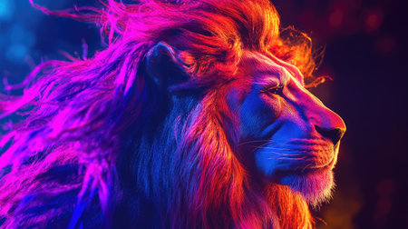 A close-up of the lion's vibrant mane during a dance performance, capturing the movement and textures of the colorful fabric in the light.の素材