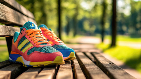 A close-up of colorful sneakers resting on a wooden bench in a park, with grass and trees in the background, emphasizing an active outdoor lifestyle.の素材
