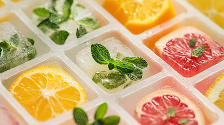 A close-up of an ice cube tray filled with herbal-infused water, showcasing sprigs of mint and slices of citrus, promoting a healthy and refreshing lifestyle.の素材