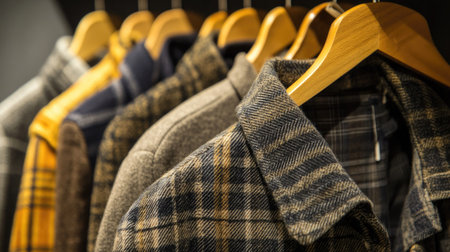A close-up of soft flannel shirts hanging alongside heavier coats on sturdy wooden hangers, showcasing textures and layers for colder weather.の素材
