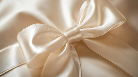 A close-up of a satin ribbon being pulled through the loop of a gift wrap, highlighting the smoothness and shine of the material against the paper.の素材