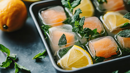 A close-up of an ice cube tray filled with herbal-infused water, showcasing sprigs of mint and slices of citrus, promoting a healthy and refreshing lifestyle.の素材