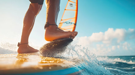 A close-up of a windsurfer's feet expertly balanced on the board, emphasizing the skill and balance required to navigate the waves effectively.の素材