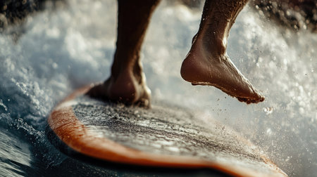 A close-up of a windsurfer's feet expertly balanced on the board, emphasizing the skill and balance required to navigate the waves effectively.の素材