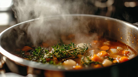 A close-up of a simmering stew, with steam rising from the pot and fragrant herbs visible on top, creating an inviting cooking scene.の素材