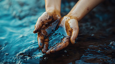 A close-up of oil-stained hands holding polluted water from a contaminated river, symbolizing the destructive impact of industrial spills.の素材