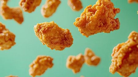 A close-up of crispy fried chicken pieces floating in mid-air, with a neon green backdrop, giving a vibrant and exciting look to the food.の素材