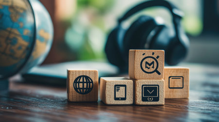 A close-up of wooden blocks showcasing digital learning icons, including a globe, headset, and mobile device, sitting on a study table.の素材
