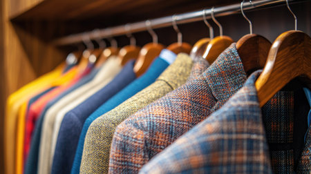 A close-up of neatly arranged shirts, jackets, and coats on wooden hangers in a stylish wardrobe, highlighting different textures and colors.の素材