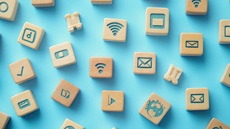 A collection of wooden blocks representing virtual education icons, such as Wi-Fi, video calls, and certificates, placed on a light blue surface.の素材