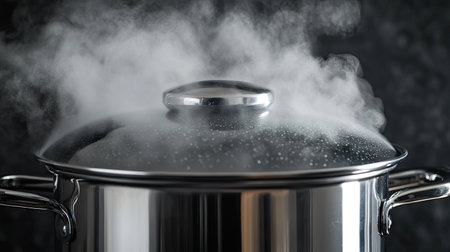 A close-up of a boiling pot with the lid partially open, allowing steam to escape, creating a hazy and cozy cooking scene.の素材