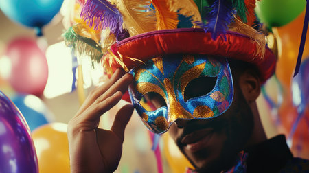 A close-up of a hand adjusting a colorful Mardi Gras mask on a festive hat, surrounded by streamers and balloons, highlighting the details of the celebration.の素材