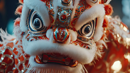 A close-up of lion dancers preparing their costumes before a show, showcasing the intricate details and craftsmanship, emphasizing the art of the lion dance.の素材