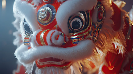 A close-up of lion dancers preparing their costumes before a show, showcasing the intricate details and craftsmanship, emphasizing the art of the lion dance.の素材