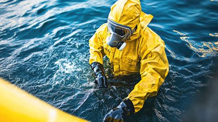 A close-up of a worker in a yellow quarantine suit using absorbent booms to contain and collect oil from a slick on the surface of the ocean.の素材