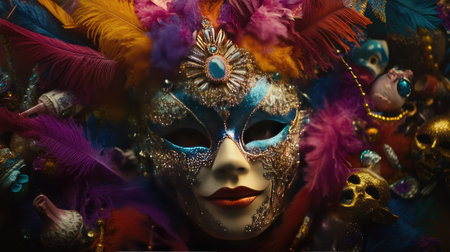 A close-up shot of a vibrant mask embellished with rhinestones and feathers, surrounded by Mardi Gras-themed decorations like beads and small figurines.の素材
