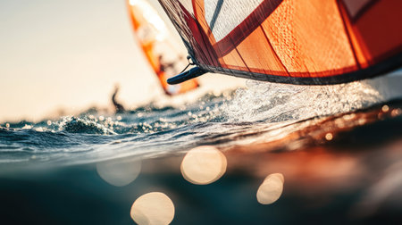 A close-up of a windsurfer adjusting the sail on the water, showcasing the focus and technique required to optimize performance during the sport.の素材