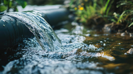 A close-up of oily water streaming from a pipe into a river, with visible pollutants, capturing the direct release of contaminants into nature.の素材