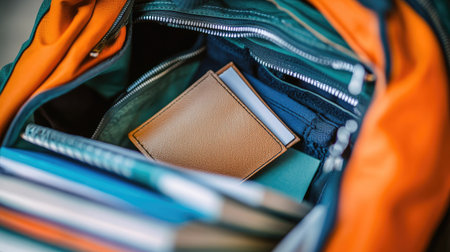 A close-up view of an empty wallet inside a backpack, with books and notebooks around it, illustrating a student's financial situation and budgeting efforts.の素材