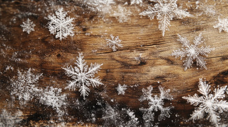A close-up of fragile snowflakes on a wooden surface, their delicate patterns standing out against the rough texture of the wood.の素材
