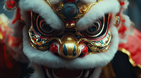 A close-up shot of a lion dancer's face, partially hidden behind the ornate and colorful lion mask, capturing the intricate details and expressions during the performance.の素材