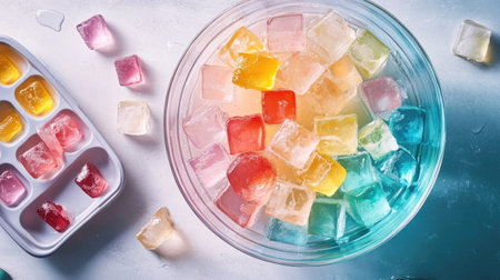 A creative shot of colored ice cubes floating in a clear punch bowl, with a silicone ice cube tray artistically displayed nearby, emphasizing a festive gathering.の素材