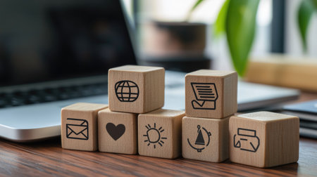 A close-up of wooden blocks with icons for online learning platforms, digital textbooks, and collaborative tools, on a desk beside a laptop.の素材