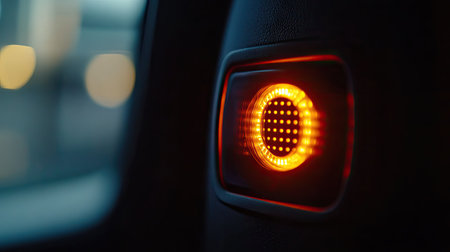 A close-up of a seatbelt warning light on a car dashboard, with a focus on the illuminated symbol, reminding drivers and passengers to buckle up.の素材