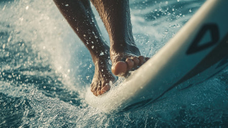 A close-up of a windsurfer's feet expertly balanced on the board, emphasizing the skill and balance required to navigate the waves effectively.の素材