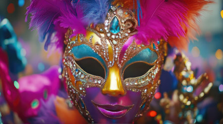 A close-up shot of a vibrant mask embellished with rhinestones and feathers, surrounded by Mardi Gras-themed decorations like beads and small figurines.の素材