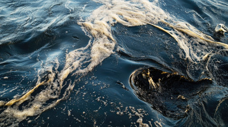A close-up of oil spills mixing with seawater, creating swirling patterns of dark oil and light water, highlighting the stark contrast.の素材