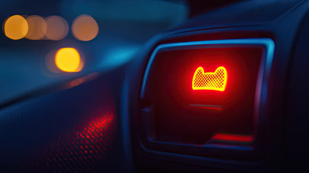 A close-up of a seatbelt warning light on a car dashboard, with a focus on the illuminated symbol, reminding drivers and passengers to buckle up.の素材