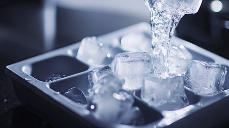 A close-up of a flexible silicone ice cube tray being twisted to release the ice cubes, illustrating the practicality and ease of use in the kitchen.の素材