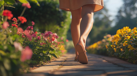 A close-up of a woman's feet in chic casual sandals walking along a flower-lined path, capturing the beauty of nature and a leisurely stroll.の素材