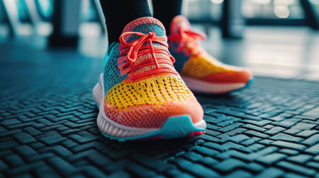 A close-up shot of colorful training sneakers with intricate patterns, placed on a gym mat, capturing the texture and vibrancy of the footwear.の素材