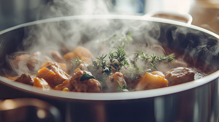 A close-up of a simmering stew, with steam rising from the pot and fragrant herbs visible on top, creating an inviting cooking scene.の素材