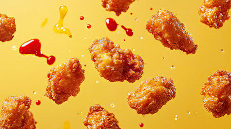 A collection of crispy chicken bites soaring in mid-air, with splashes of ketchup and mustard against a sunny yellow background.の素材