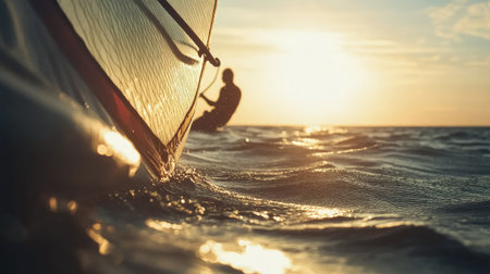 A close-up of a windsurfer adjusting the sail on the water, showcasing the focus and technique required to optimize performance during the sport.の素材