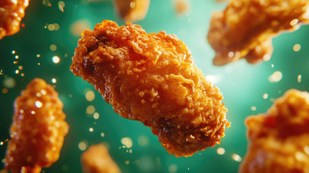 A close-up of crispy fried chicken pieces floating in mid-air, with a neon green backdrop, giving a vibrant and exciting look to the food.の素材