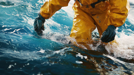 A close-up of a worker in a yellow quarantine suit using absorbent booms to contain and collect oil from a slick on the surface of the ocean.の素材