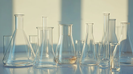 A collection of empty laboratory glassware, including beakers and conical flasks, placed on a shiny surface, with soft natural light highlighting the glass.の素材