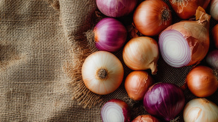 A collection of raw onions resting on a burlap sack, with some of them sliced open to reveal the vibrant layers inside.の素材